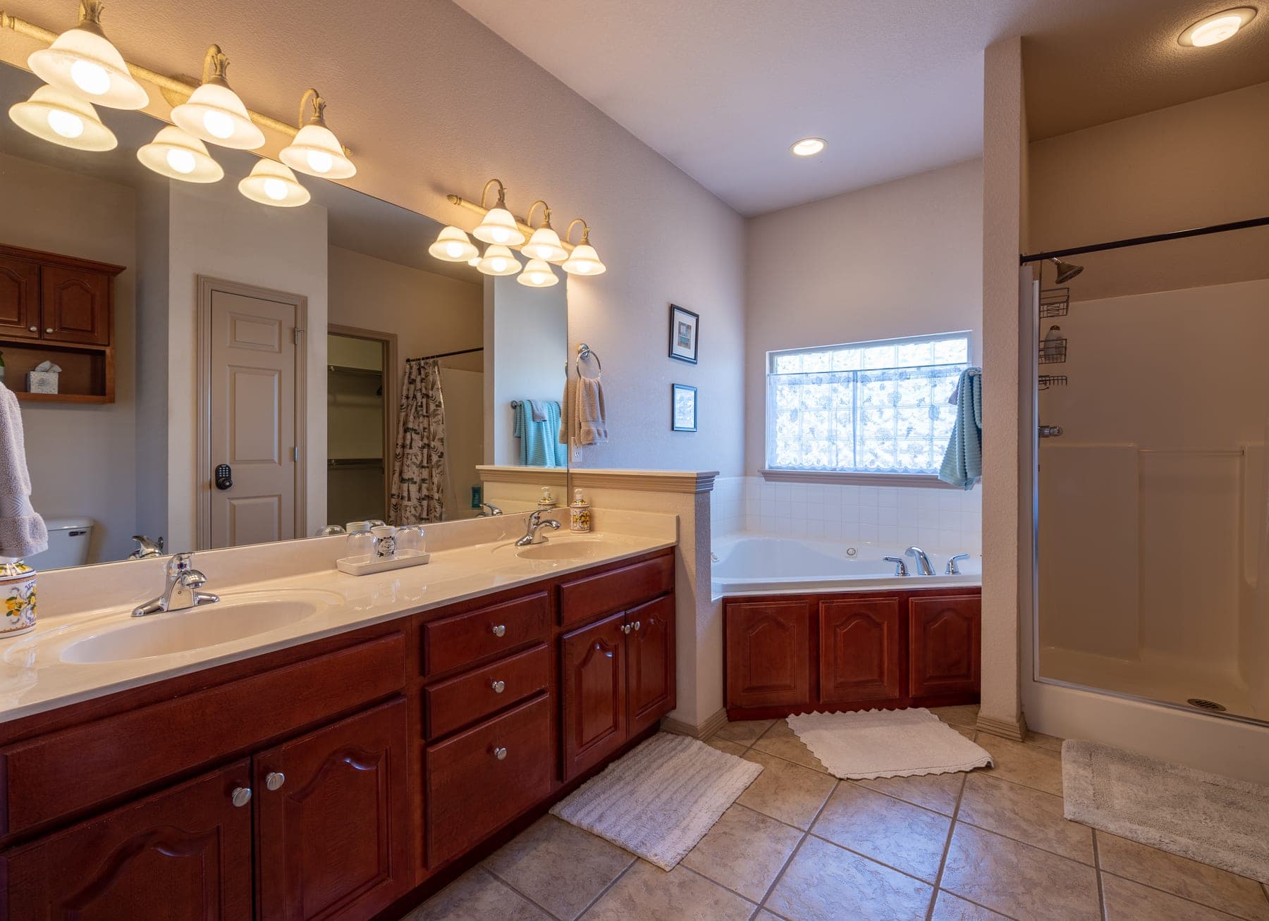 Master bathroom with double vanity, jacuzzi bath, and walk-in shower